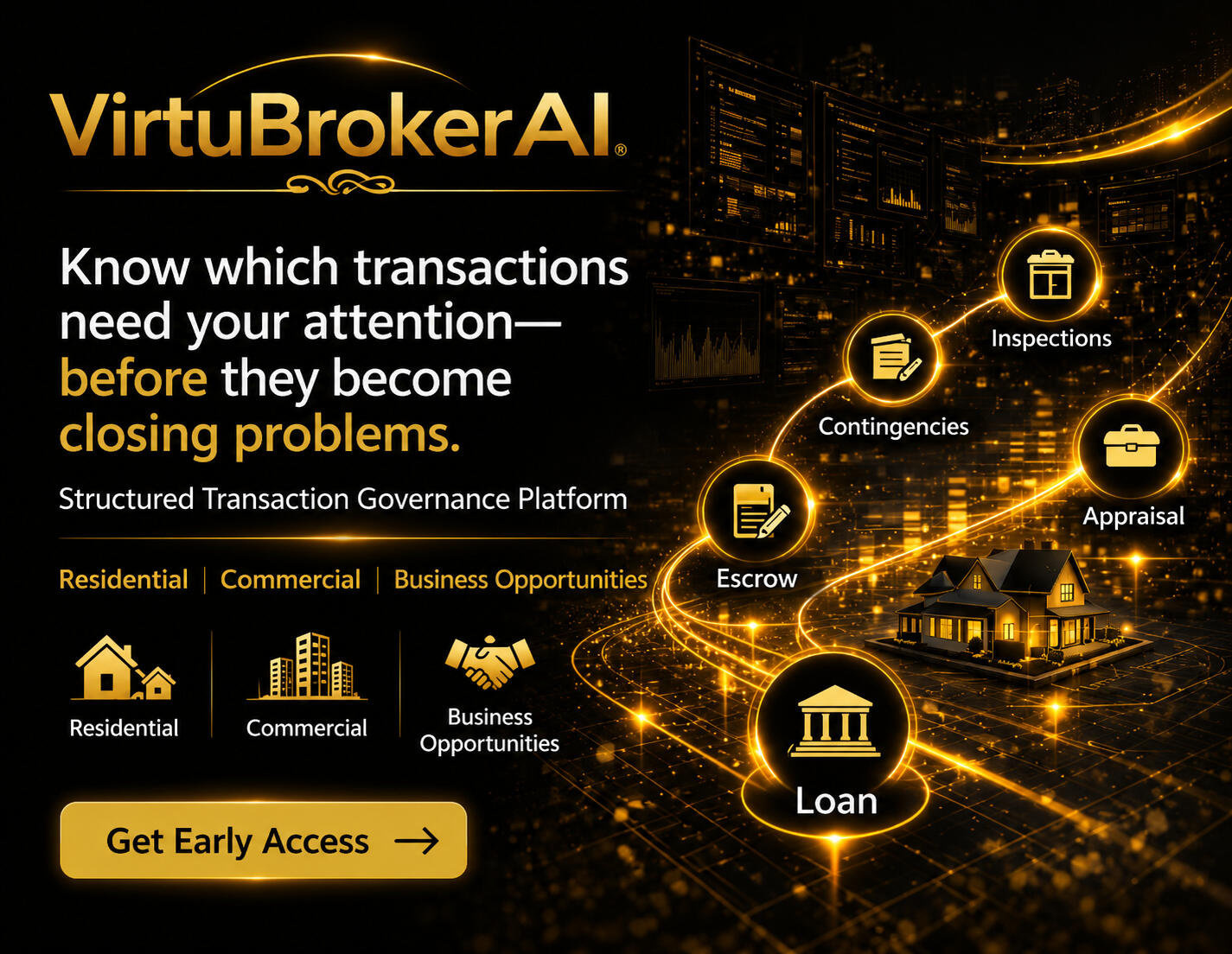 Get Early Access to VirtuBrokerAI VirtuBrokerAI hero image showing transaction governance platform for real estate professionals.